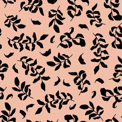 Autumn leaves seamless repeat pattern. Random placed, vector botanical elements all over surface print on beige background.