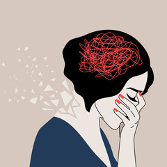 Depressed adult woman with confused thoughts holds the head with her hand. The concept of mental illness. Borderline personality disorder - obrazy, fototapety, plakaty