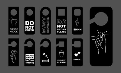 Different door handle hanger set. Room hotel hanger sign icons collection template isolated. Labels on hostel room door vector illustration