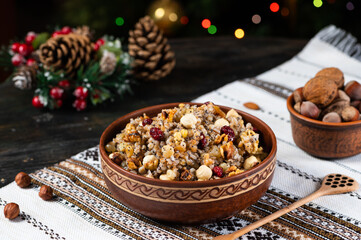 Traditional Christmas kutia. Kutya Ukrainian. Boiled wheat porridge. Slavic holiday ritual dish. Orthodox christmas.