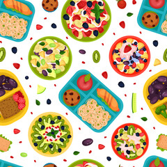 Tasty Fruit Food for Breakfast Seamless Pattern Design with Meal Served on Plate Top View Vector Template