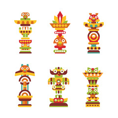 Totem Pole as Monumental Carving with Figures Vector Set
