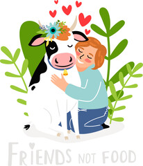 Little kind girl shows her love to animals and hugging a cow. Nature respect concept and vegan lifestyle. Happy calf with the flower wreath on head