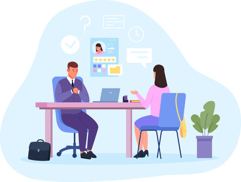 Interview 2 managers. HR recruitment, businessman interviewing salesman employee, job conversation or negotiation prepare question two manager in office table vector illustration