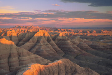 Sunset over the badlands from Panorama Point Overlook in Badlands National Park, South Dakota