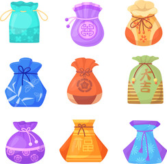 Lucky bags. Korean luck bag for pocket cash money with knot oriental symbol, happy new year celebration in asia, traditional fortune flower korea elements, neat vector illustration