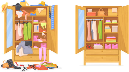 Messy wardrobe. Cleaning throwing things home closet, organize clothing order before mess dress cupboard, untidy lifestyle concept clutter clothes cartoon neat vector illustration