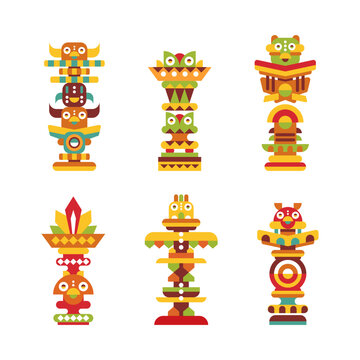 Totem Pole as Monumental Carving with Figures Vector Set