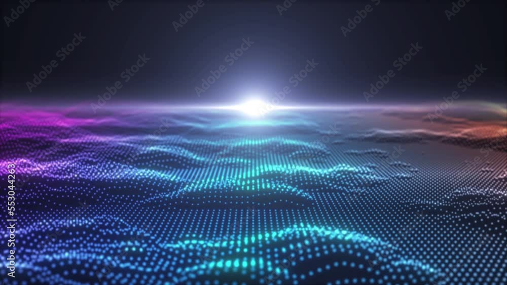 Poster particle wave like mountain with lance flare and stars, particle wave with sun effects in deep space