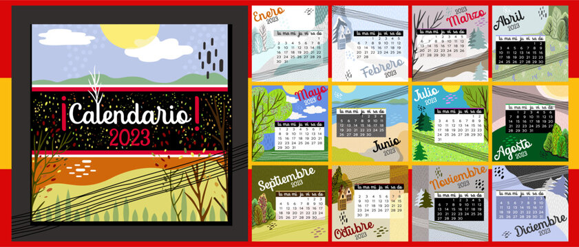 Calendar 2023 in spanish language. Colorful monthly calendar with various landscapes. Cover and 12 monthly pages. Week starts on Monday, vector illustration. Square pages.