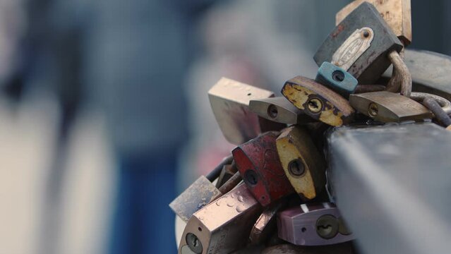 Love Locks in Iron Footbridge Eiserner Steg in Frankfurt Germany