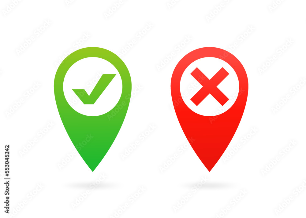 Poster map pointer in red and green colors with check mark and crosses. location marker pins with check mar
