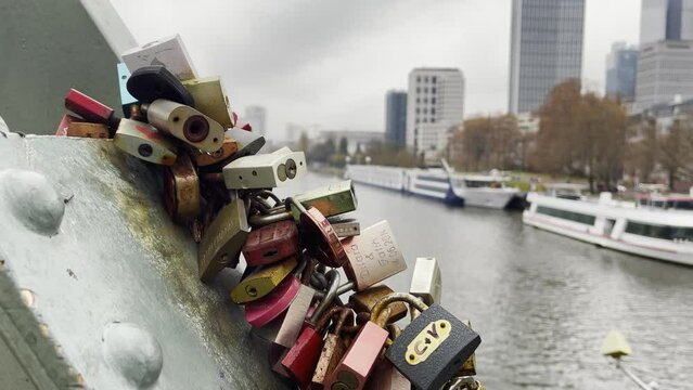 Love Locks in Iron Footbridge Eiserner Steg in Frankfurt Germany