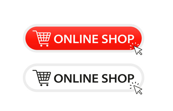 Online Shop, Red And Gray Button With Shopping Cart. Banner For Websites. Internet Shops. Click Here, Apply, Pointer Cursor Clicks Buttons. Vector Illustration