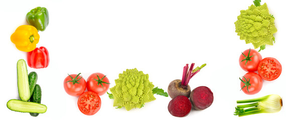 Set of vegetables isolated on white background. Collage. Free space for text. Wide photo.
