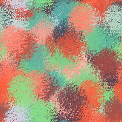 Chaotic liquid brush strokes with distressed dotted pattern. Shades of green, red, brown and white colors. Seamless background.