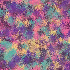 Purple, pink, yellow and blue colored random spots, round splashes. Abstract seamless pattern
