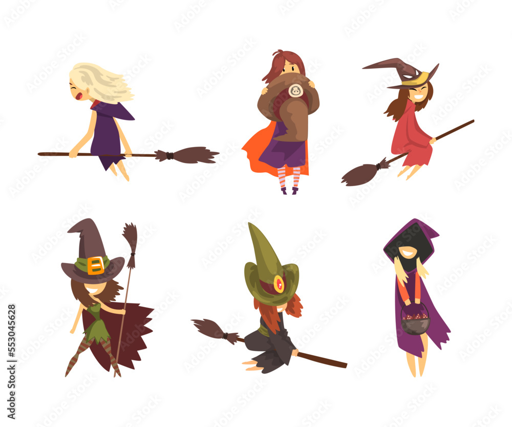 Wall mural Cute Little Witch in Pointed Hat Flying on Broomstick Vector Set