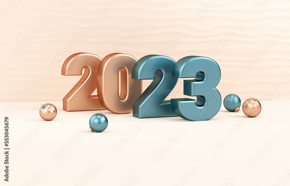 Poster happy 2023 new year flyer background with metallic numbers and festive stuff in realistic 3d renderi