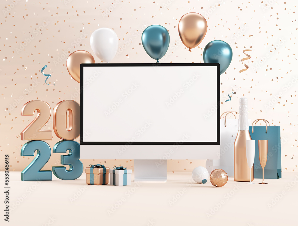 Poster 2023 new year computer blank screen mockup with festive stuff and metallic numbers in 3d illustratio