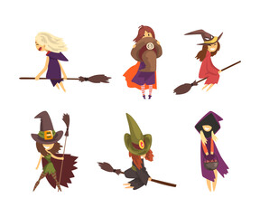 Cute Little Witch in Pointed Hat Flying on Broomstick Vector Set