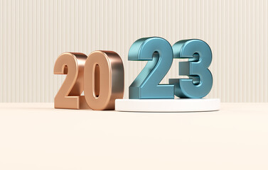 Happy new year 2023 minimalist banner background template with metallic numbers in realistic 3D rendering