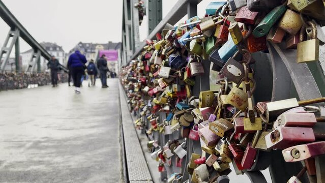 Love Locks in Iron Footbridge Eiserner Steg in Frankfurt Germany