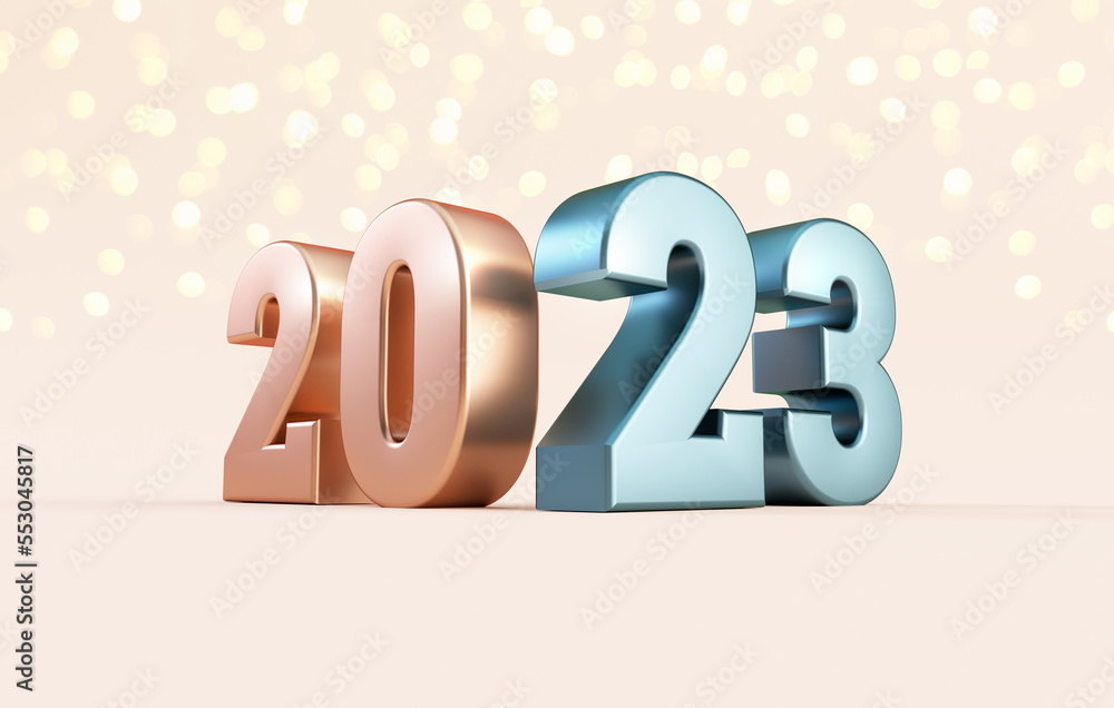 Poster happy 2023 new year banner template with metallic numbers on a cream background in realistic 3d rend
