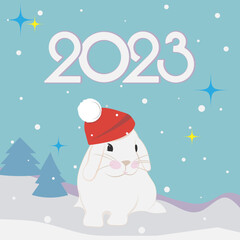 Rabbit in a red cap. Winter. 2023