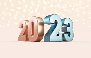 Happy 2023 new year banner template with metallic numbers on a cream background in realistic 3D rendering