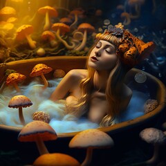 Beautiful blond woman takes a psilocybin bath during her mushroom trip surrounded by a magical forest. A beautiful fairy-tale setting. Hallucinogenic visualization. Generative AI illustration. - obrazy, fototapety, plakaty