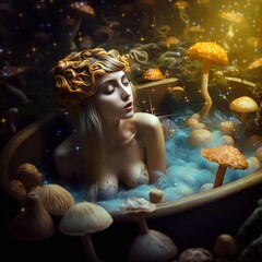 Beautiful blond woman takes a psilocybin bath during her mushroom trip surrounded by a magical forest. A beautiful fairy-tale setting. Hallucinogenic visualization. Generative AI illustration. - obrazy, fototapety, plakaty