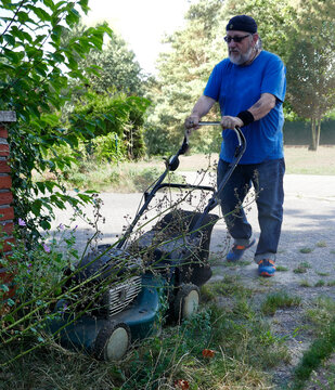 Active Senior Man With Beard And Glasses Is Mowing The Grass With A Gas Push Lawn Mower