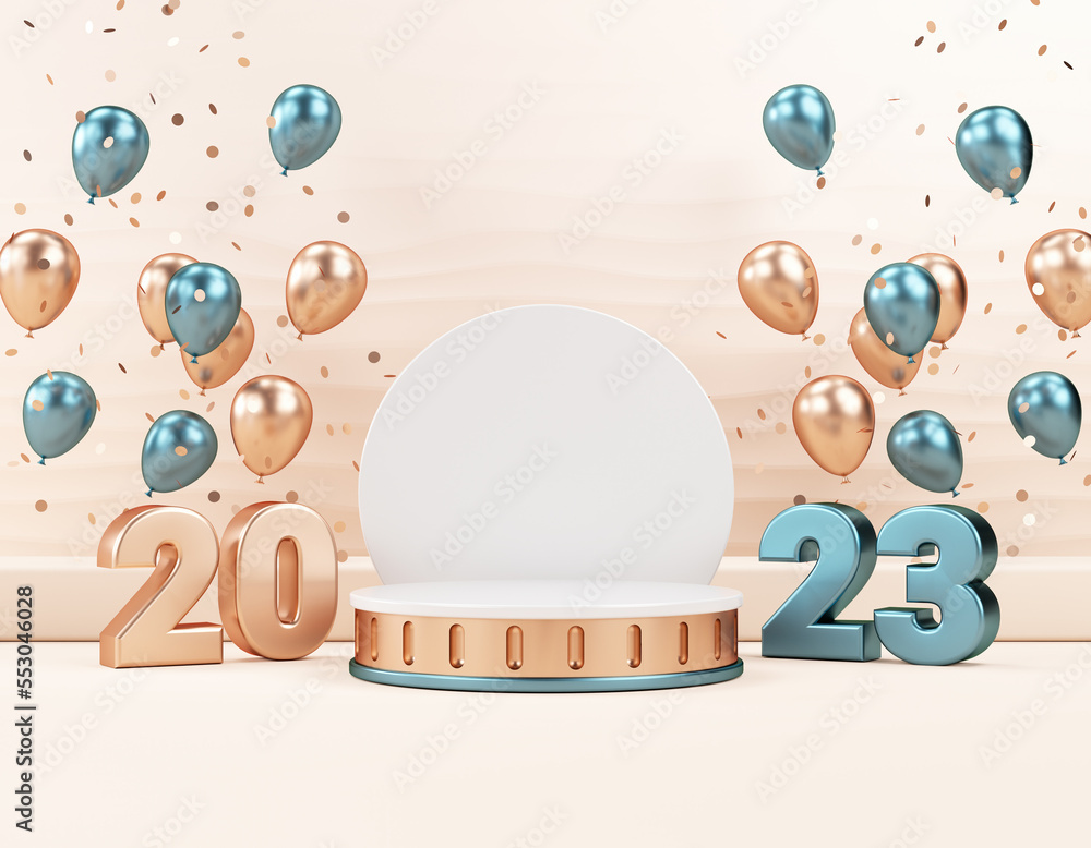 Poster 2023 podium platform background with metallic numbers and festive stuff for product display in 3d il