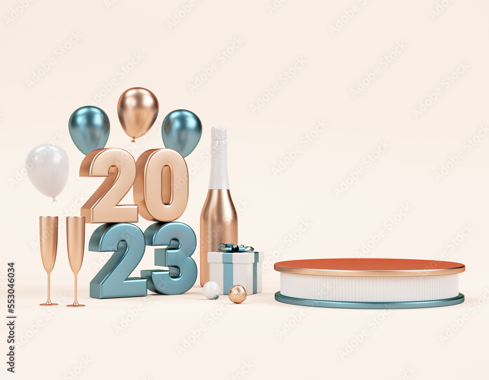 Poster modern 2023 podium pedestal with metallic numbers and festive stuff for product stand in 3d render