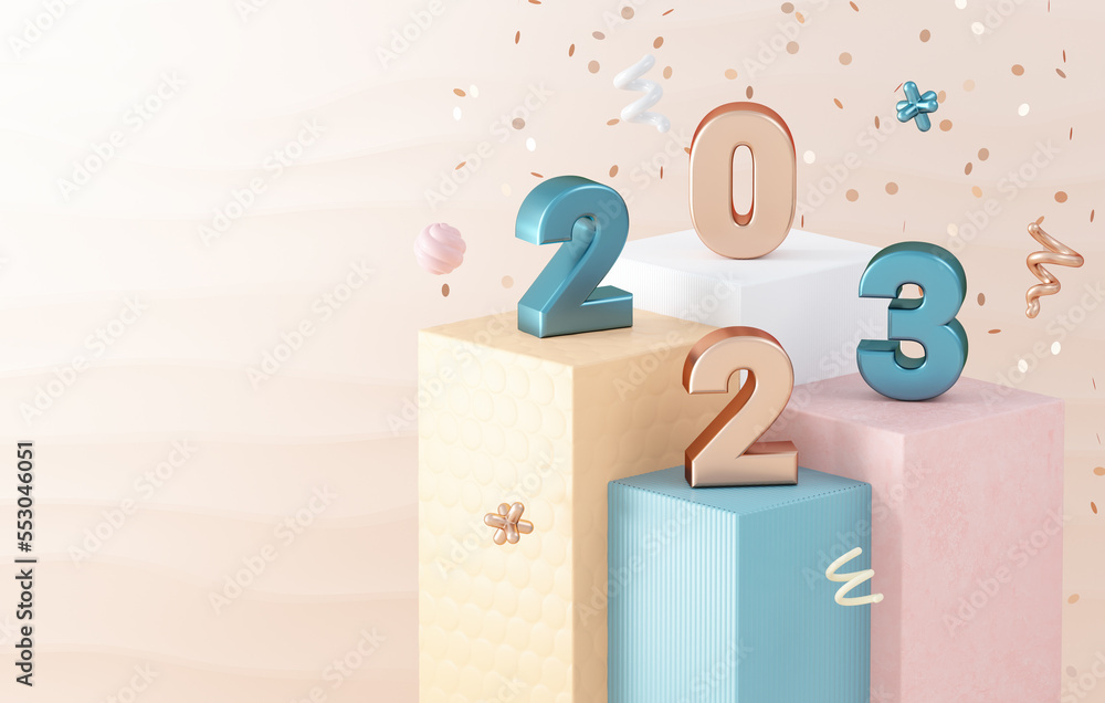 Poster 2023 festive background for banner template with metallic numbers on platforms, pastel color shapes 