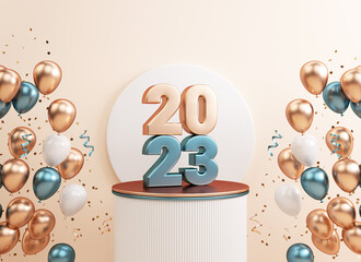 2023 festive flyer background with metallic numbers on a podium, gold balloons and copy space in 3D illustration