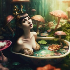 Beautiful brunette woman takes a psilocybin bath during her mushroom trip surrounded by a magical forest. A beautiful fairy-tale setting. Hallucinogenic visualization. Generative AI illustration. - obrazy, fototapety, plakaty