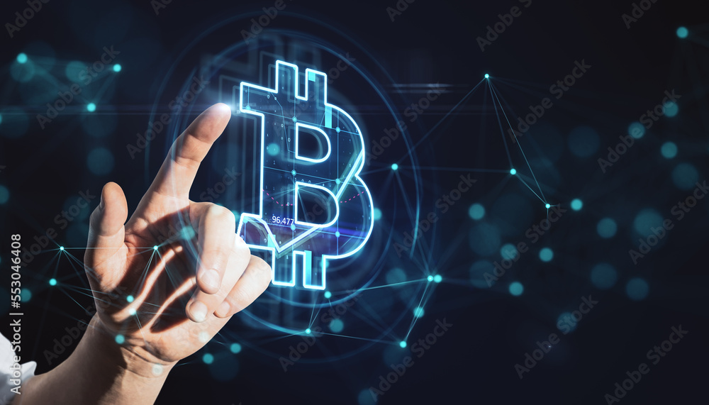 Poster blockchain and digital money concept with man finger on touch screen with glowing bitcoin symbol
