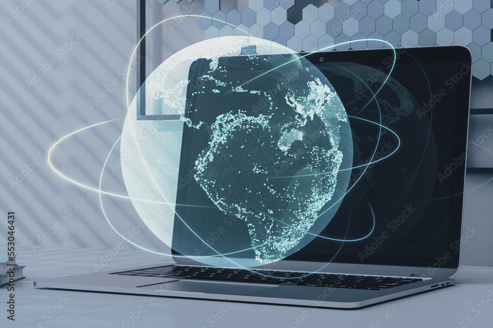 Aufkleber close up of laptop on desktop with creative glowing globe hologram on blurry background. technology,