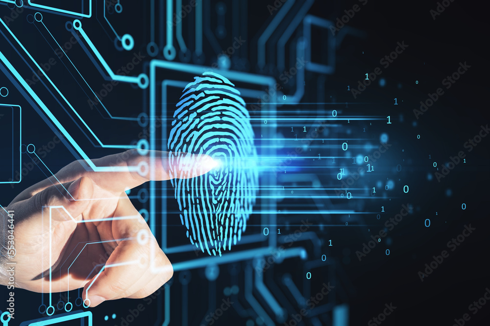 Poster Biometrics and personal data security concept with man finger on digital touch screen with virtual blue human fingerprint inside computer microcircuit on dark background