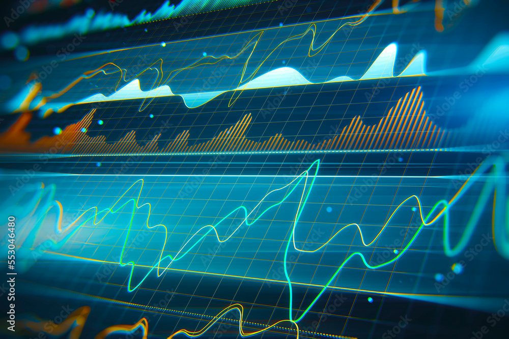Poster digital business graph hologram on blurry blue background. trade, finance and analysis concept. 3d r