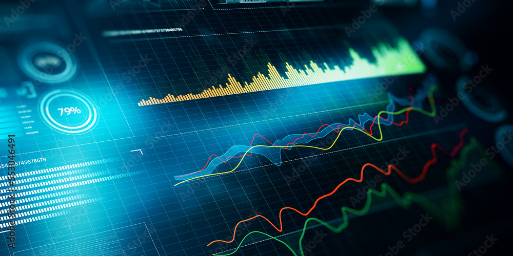 Poster digital business graph hologram on blurry blue backdrop. trade, finance and analysis concept. 3d ren
