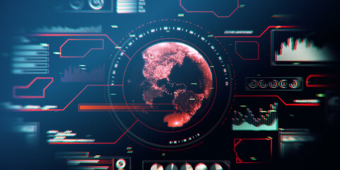 Screen texture with abstract global data stats in digital interface and world map in the center of composition on dark technological background, hud template. 3D rendering