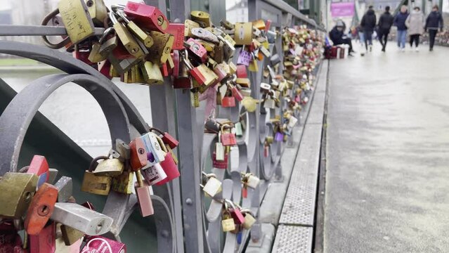 Love Locks in Iron Footbridge Eiserner Steg in Frankfurt Germany