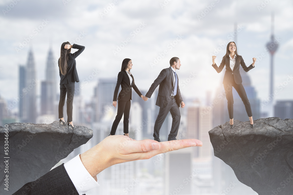 Aufkleber Abstract image of team helping each other walk through obstacle on abstract city background with cliff gap. Teamwork, help, success and union concept.
