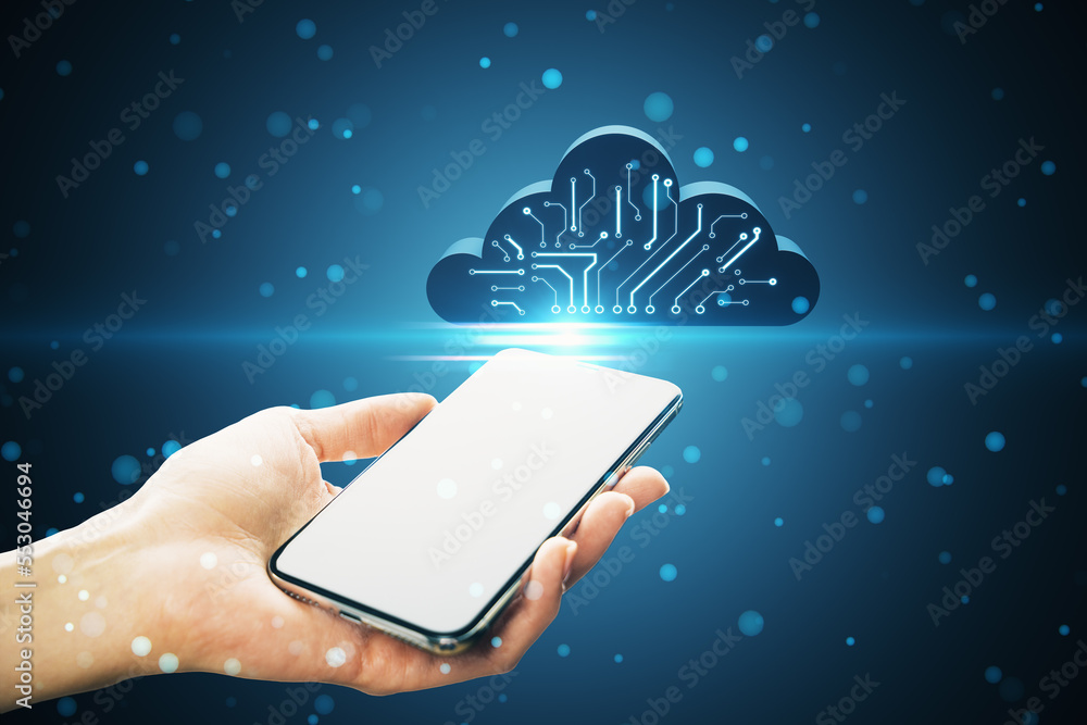 Poster Close up of female hand holding white smartphone with mock up place and abstract digital cloud circuit on blue background. Cloud computing, server and integrated digital web concept.