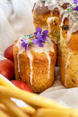 Easter bread with Easter eggs. Basket with painted red eggs and bread