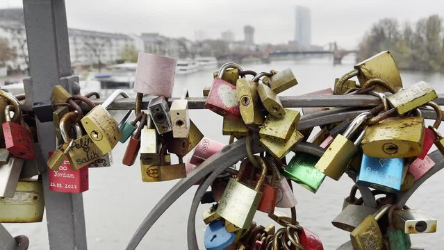 Love Locks in Iron Footbridge Eiserner Steg in Frankfurt Germany
