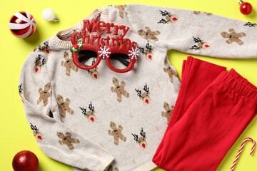 Baby clothes for Christmas holiday celebration on color background. Toddler red pants, sweater, Xmas party glasses and decorations. Flat lay, top view.